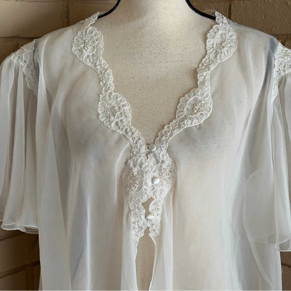 Etienne Vintage Sheer CHIFFON Babydoll Pearls LACE Frilly Wedding Robe 60’s L